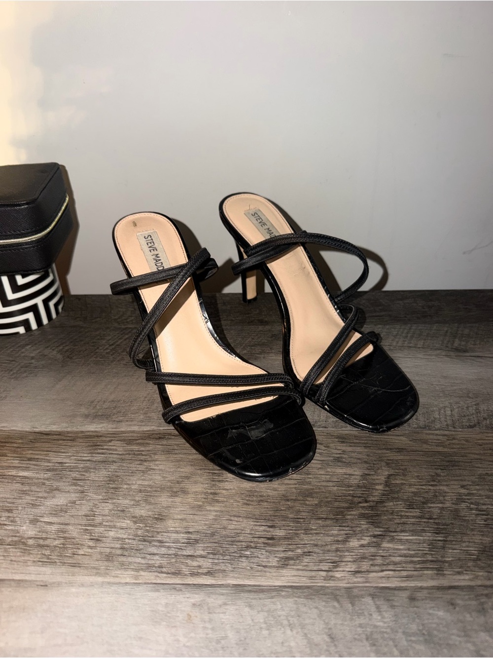 Steve Madden Black Croc-Embossed Strappy Heeled Sandals